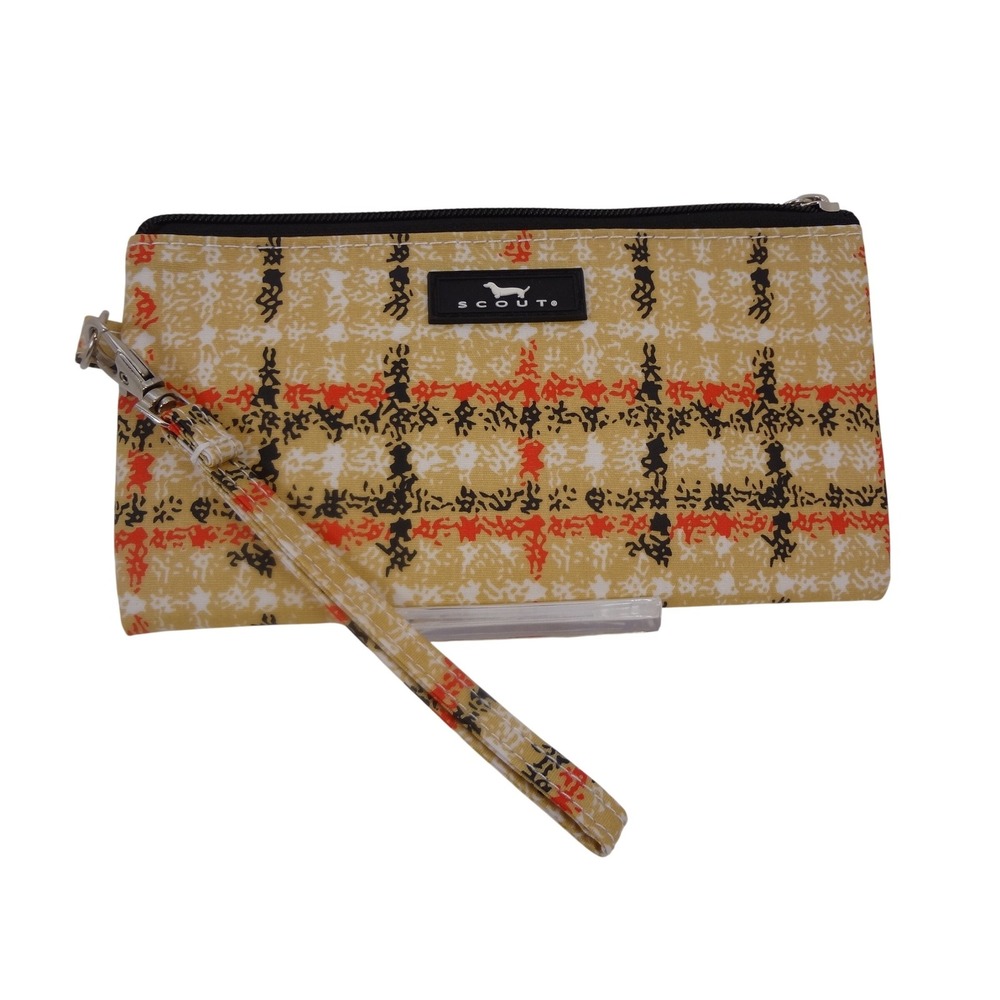 Scout Wristlet Pouch Red and Black Plaid On Beige Excellent Coated Zip Top